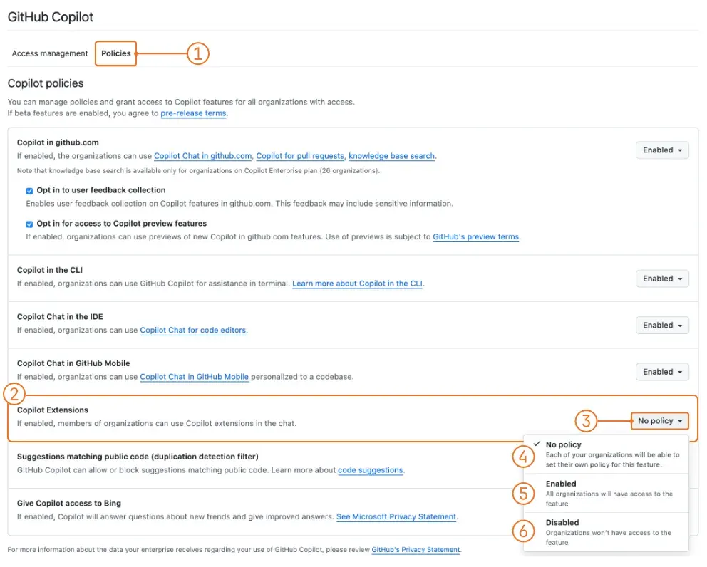 GitHub Enterprise Settings Copilot Policies