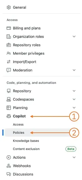 GitHub Organization Settings Copilot Section