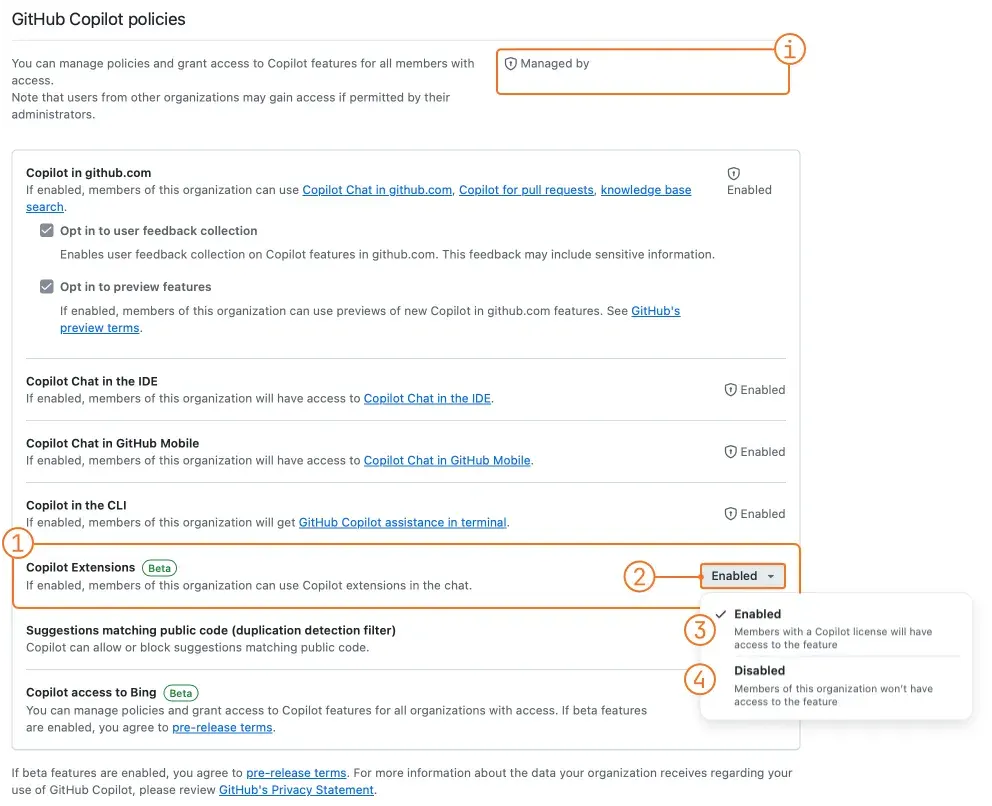 GitHub Enterprise Settings Copilot Policies