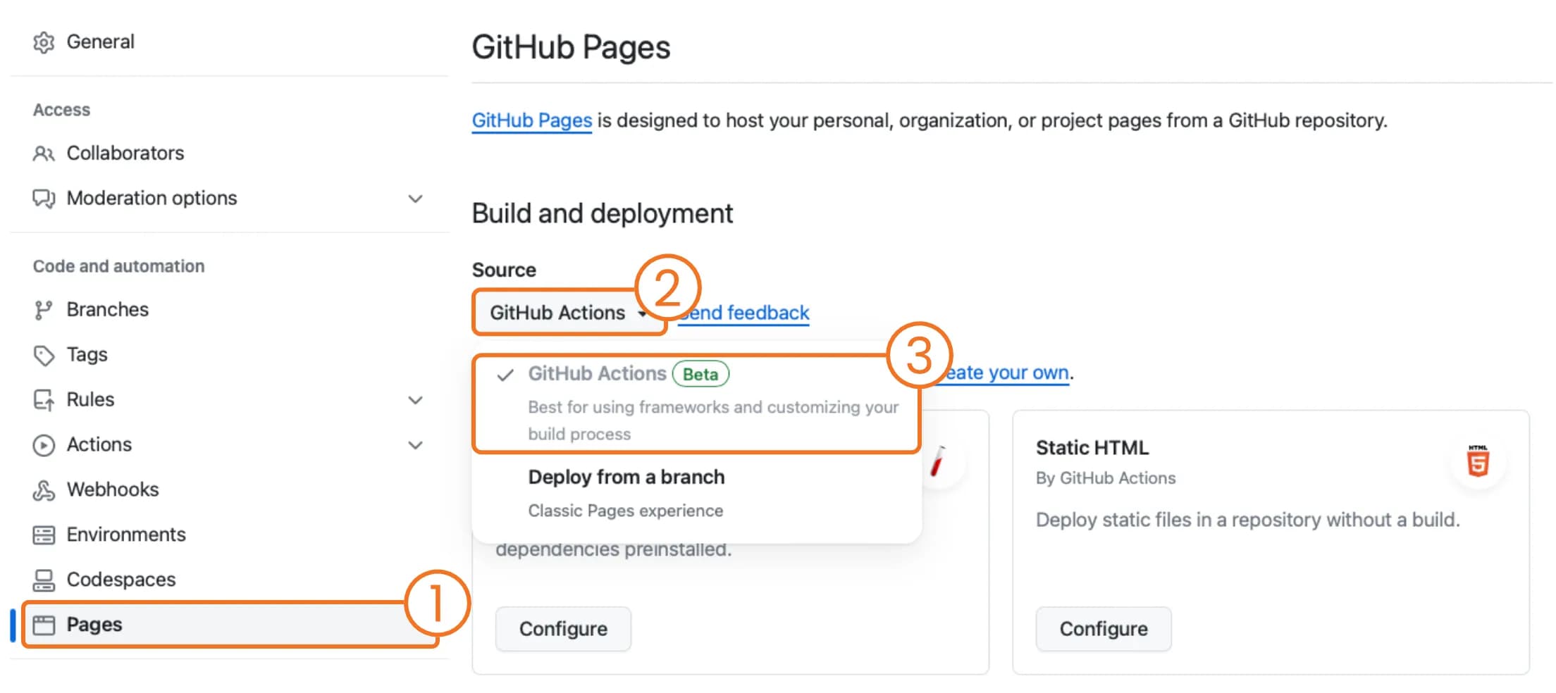 Enable GitHub Pages with GitHub Actions as Source